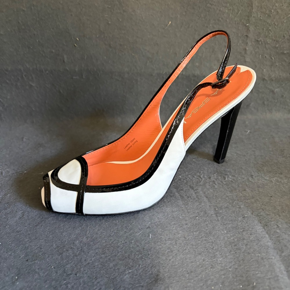 Via Spiga Slingback 4" Heel Women 10 White Black Peep Toe Pumps Party Cocktail